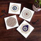 Pinecone Stone Nazar, Yaşam Çiçeği Taş Bardak Altlığı – 4’lü Set, 10x10 cm Dekoratif Masaüstü Koruyucu Doğaltaş Altlık |SC414|
