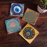 Pinecone Stone Nazar, Yaşam Çiçeği Taş Bardak Altlığı – 4’lü Set, 10x10 cm Dekoratif Masaüstü Koruyucu Doğaltaş Altlık |SC474|