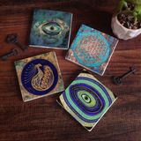 Pinecone Stone Nazar, Yaşam Çiçeği, Tavus Kuşu Taş Bardak Altlığı – 4’lü Set, 10x10 cm Dekoratif Masaüstü Koruyucu Doğaltaş Altlık |SC156|