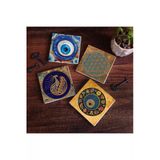 Pinecone Stone Nazar, Yaşam Çiçeği, Tavus Kuşu Taş Bardak Altlığı Seti - 4 Parça - Dekoratif, Rustik Mutfak Aksesuarı, 10x10 cm, Kaydırmaz Tabanlı, Şık ve Dayanıklı SC476