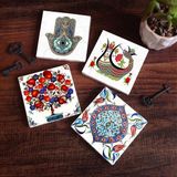 Pinecone Stone Şahmeran, Çini Sanatı, Nar Ağacı, Fatma Ana Eli (Hamsa) Taş Bardak Altlığı – 4’lü Set, 10x10 cm Dekoratif Masaüstü Koruyucu Doğaltaş Altlık |SC186|