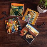 Pinecone Stone Salvador Dalí Belleğin Azmi, Çığlık, Fenerler, Gustav Klimt Aile Kucaklama Taş Bardak Altlığı – 4’lü Set, 10x10 cm Dekoratif Masaüstü Koruyucu Doğaltaş Altlık |SC577|