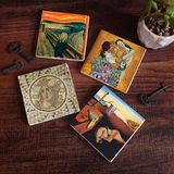Pinecone Stone Salvador Dalí Belleğin Azmi, Çığlık, Mozaik Serisi, Gustav Klimt Aile Kucaklama Taş Bardak Altlığı – 4’lü Set, 10x10 cm Dekoratif Masaüstü Koruyucu Doğaltaş Altlık |SC573|