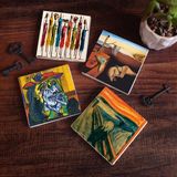 Pinecone Stone Salvador Dalí Belleğin Azmi, Picasso Ağlayan Kadın, Çığlık, Yerli Kadınlar Taş Bardak Altlığı – 4’lü Set, 10x10 cm Dekoratif Masaüstü Koruyucu Doğaltaş Altlık |SC323|
