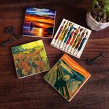 Pinecone Stone Van Gogh Arles'te Kırmızı Bağ, Çığlık, Yerli Kadınlar, Deniz Manzarası Taş Bardak Altlığı – 4’lü Set, 10x10 cm Dekoratif Masaüstü Koruyucu Doğaltaş Altlık |SC438|