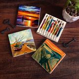Pinecone Stone Van Gogh Balıkçı Tekneleri, Çığlık, Yerli Kadınlar, Deniz Manzarası Taş Bardak Altlığı – 4’lü Set, 10x10 cm Dekoratif Masaüstü Koruyucu Doğaltaş Altlık |SC435|