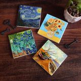 Pinecone Stone Van Gogh Balıkçı Tekneleri, On İki Ayçiçekli Vazo, İrisler, Yıldızlı Gece Taş Bardak Altlığı – 4’lü Set, 10x10 cm Dekoratif Masaüstü Koruyucu Doğaltaş Altlık |SC153|