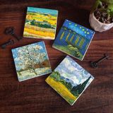 Pinecone Stone Van Gogh Buğday Tarlası, Şeftali Ağacı, Hasat Manzarası, Ren Nehri’nde Bir Gece Taş Bardak Altlığı – 4’lü Set, 10x10 cm Dekoratif Masaüstü Koruyucu Doğaltaş Altlık |SC267|