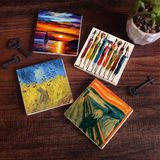 Pinecone Stone Van Gogh Buğday Tarlası ve Kargalar, Çığlık, Yerli Kadınlar, Deniz Manzarası Taş Bardak Altlığı – 4’lü Set, 10x10 cm Dekoratif Masaüstü Koruyucu Doğaltaş Altlık |SC439|