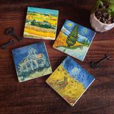 Pinecone Stone Van Gogh Hasat Manzarası, Yıldızlı Yol, Buğday Tarlası ve Kargalar, Kilise Taş Bardak Altlığı – 4’lü Set, 10x10 cm Dekoratif Masaüstü Koruyucu Doğaltaş Altlık |SC225|