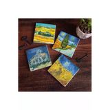 Pinecone Stone Van Gogh Hasat Manzarası, Yıldızlı Yol, Buğday Tarlası ve Kargalar, Kilise Taş Bardak Altlığı Seti - 4 Parça - Dekoratif, Rustik Mutfak Aksesuarı, 10x10 cm, Kaydırmaz Tabanlı SC225