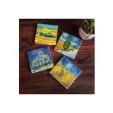 Pinecone Stone Van Gogh Hasat Manzarası, Yıldızlı Yol, Buğday Tarlası ve Kargalar, Kilise Taş Bardak Altlığı Seti - 4 Parça - Dekoratif, Rustik Mutfak Aksesuarı, 10x10 cm, Kaydırmaz Tabanlı SC225