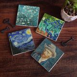 Pinecone Stone Van Gogh İrisler, Yıldızlı Gece, Badem Ağacı, Otoportre Taş Bardak Altlığı – 4’lü Set, 10x10 cm Dekoratif Masaüstü Koruyucu Doğaltaş Altlık |SC110|