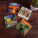 Pinecone Stone Van Gogh Kafe Terasta Gece, Çığlık, Yerli Kadınlar, Deniz Manzarası Taş Bardak Altlığı – 4’lü Set, 10x10 cm Dekoratif Masaüstü Koruyucu Doğaltaş Altlık |SC434|