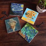 Pinecone Stone Van Gogh On İki Ayçiçekli Vazo, İrisler, Yıldızlı Gece, Otoportre Taş Bardak Altlığı – 4’lü Set, 10x10 cm Dekoratif Masaüstü Koruyucu Doğaltaş Altlık |SC155|