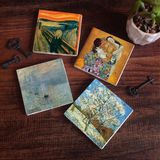 Pinecone Stone Van Gogh Şeftali Ağacı, Monet Gün Doğumu, Çığlık, Gustav Klimt Aile Kucaklama Taş Bardak Altlığı – 4’lü Set, 10x10 cm Dekoratif Masaüstü Koruyucu Doğaltaş Altlık |SC539|