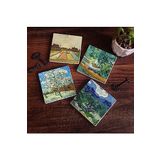 Pinecone Stone Van Gogh Zeytin Ağaçları, Şeftali Ağacı, Lale Tarlaları, Oise Bankası Taş Bardak Altlığı Seti - 4 Parça - Dekoratif, Rustik Mutfak Aksesuarı, 10x10 cm, Kaydırmaz Tabanlı SC270
