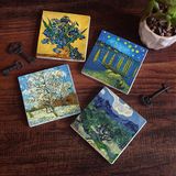 Pinecone Stone Van Gogh Zeytin Ağaçları, Şeftali Ağacı, Ren Nehri’nde Yıldızlı Gece, Süsenler Taş Bardak Altlığı – 4’lü Set, 10x10 cm Dekoratif Masaüstü Koruyucu Doğaltaş Altlık |SC268|