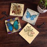 Pinecone Stone Vintage Çiçek, Kelebek Taş Bardak Altlığı – 4’lü Set, 10x10 cm Dekoratif Masaüstü Koruyucu Doğaltaş Altlık |SC452|