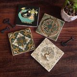 Pinecone Stone Vintage, Desen, Şahmeran, Hayat Ağacı Taş Bardak Altlığı – 4’lü Set, 10x10 cm Dekoratif Masaüstü Koruyucu Doğaltaş Altlık |SC149|