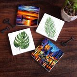 Pinecone Stone Yaprak, Deniz Manzarası, Sokak Manzarası Taş Bardak Altlığı – 4’lü Set, 10x10 cm Dekoratif Masaüstü Koruyucu Doğaltaş Altlık |SC365|