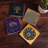 Pinecone Stone Yaşam Çiçeği, Hayat Ağacı, Nazar Boncuğu Taş Bardak Altlığı – 4’lü Set, 10x10 cm Dekoratif Masaüstü Koruyucu Doğaltaş Altlık |SC468|