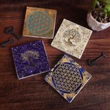 Pinecone Stone Yaşam Çiçeği, Hayat Ağacı Taş Bardak Altlığı – 4’lü Set, 10x10 cm Dekoratif Masaüstü Koruyucu Doğaltaş Altlık |SC290|