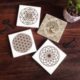 Pinecone Stone Yaşam Çiçeği, Sri Yantra, Hayat Ağacı Taş Bardak Altlığı – 4’lü Set, 10x10 cm Dekoratif Masaüstü Koruyucu Doğaltaş Altlık |SC104|