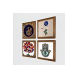 Pinecone Tavus Kuşu, Ebru Sanatı, Nar Ağacı, Fatma Ana Eli (Hamsa) Taş Duvar Tablosu - Ahşap Çerçeveli Taş Tablo - 25x25 cm - 4 Parça Set - Dekoratif Duvar Sanatı - Modern Ev Duvar Dekoru W4-981