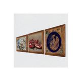 Pinecone Tavus Kuşu, Kelebekli Çiçek, Nar Taş Duvar Tablosu - Ahşap Çerçeveli Taş Tablo - 25x25 cm - 3 Parça Set - Dekoratif Duvar Sanatı - Modern Ev ve Ofis Duvar Dekoru W3-1169