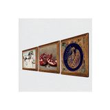 Pinecone Tavus Kuşu, Leonardo da Vinci At Heykeli, Nar Taş Duvar Tablosu - Ahşap Çerçeveli Taş Tablo - 25x25 cm - 3 Parça Set - Dekoratif Duvar Sanatı - Modern Ev ve Ofis Duvar Dekoru W3-1319