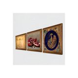 Pinecone Tavus Kuşu, Leonardo da Vinci Vitruvius Adamı, Nar Taş Duvar Tablosu - Ahşap Çerçeveli Taş Tablo - 25x25 cm - 3 Parça Set - Dekoratif Duvar Sanatı - Modern Ev ve Ofis Duvar Dekoru W3-1376