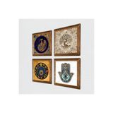 Pinecone Tavus Kuşu, Nazar, Hayat Ağacı, Fatma Ana Eli (Hamsa) Taş Duvar Tablosu - Ahşap Çerçeveli Taş Tablo - 25x25 cm - 4 Parça Set - Dekoratif Duvar Sanatı - Modern Ev ve Ofis Duvar Dekoru W4-976