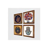 Pinecone Tavus Kuşu, Nazar, Nar Ağacı, Fatma Ana Eli (Hamsa) Taş Duvar Tablosu - Ahşap Çerçeveli Taş Tablo - 25x25 cm - 4 Parça Set - Dekoratif Duvar Sanatı - Modern Ev ve Ofis Duvar Dekoru W4-977