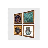 Pinecone Tavus Kuşu, Nazar, Van Gogh Badem Ağacı, Fatma Ana Eli (Hamsa) Taş Duvar Tablosu - Ahşap Çerçeveli Taş Tablo - 25x25 cm - 4 Parça Set - Dekoratif Duvar Sanatı - Modern Ev Duvar Dekoru W4-979