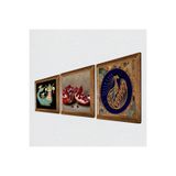 Pinecone Tavus Kuşu, Şahmeran, Nar Taş Duvar Tablosu - Ahşap Çerçeveli Taş Tablo - 25x25 cm - 3 Parça Set - Dekoratif Duvar Sanatı - Modern Ev ve Ofis Duvar Dekoru W3-1002