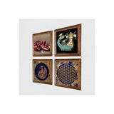 Pinecone Tavus Kuşu, Yaşam Çiçeği, Şahmeran, Nar Taş Duvar Tablosu - Ahşap Çerçeveli Taş Tablo - 25x25 cm - 4 Parça Set - Dekoratif Duvar Sanatı - Modern Ev ve Ofis Duvar Dekoru W4-775