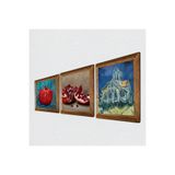 Pinecone Van Gogh Auvers'deki Kilise, Nar Taş Duvar Tablosu - Ahşap Çerçeveli Taş Tablo - 25x25 cm - 3 Parça Set - Dekoratif Duvar Sanatı - Modern Ev ve Ofis Duvar Dekoru W3-841