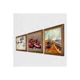 Pinecone Van Gogh Balıkçı Tekneleri, Da Vinci At Heykeli, Nar Taş Duvar Tablosu - Ahşap Çerçeveli Taş Tablo - 25x25 cm - 3 Parça Set - Dekoratif Duvar Sanatı - Modern Ev ve Ofis Duvar Dekoru W3-1341