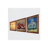 Pinecone Van Gogh Kilise, Leonardo da Vinci Vitruvius Adamı, Nar Taş Duvar Tablosu - Ahşap Çerçeveli Taş Tablo - 25x25 cm - 3 Parça Set - Dekoratif Duvar Sanatı - Modern Ev Duvar Dekoru W3-1393