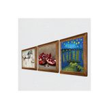 Pinecone Van Gogh, Leonardo da Vinci, Nar Taş Duvar Tablosu - Ahşap Çerçeveli Taş Tablo - 25x25 cm - 3 Parça Set - Dekoratif Duvar Sanatı - Modern Ev ve Ofis Duvar Dekoru W3-1345