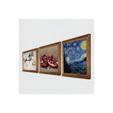 Pinecone Van Gogh Yıldızlı Gece, Leonardo da Vinci At Heykeli, Nar Taş Duvar Tablosu - Ahşap Çerçeveli Taş Tablo - 25x25 cm - 3 Parça Set - Dekoratif Duvar Sanatı - Modern Ev Duvar Dekoru W3-1294