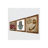 Pinecone Vav, Nar, Fatma Ana Eli (Hamsa) Taş Duvar Tablosu - Ahşap Çerçeveli Taş Tablo - 25x25 cm - 3 Parça Set - Dekoratif Duvar Sanatı - Modern Ev ve Ofis Duvar Dekoru W3-736