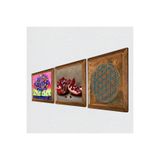 Pinecone Yaşam Çiçeği, Karla Gerard Hayat Ağacı, Nar Taş Duvar Tablosu - Ahşap Çerçeveli Taş Tablo - 25x25 cm - 3 Parça Set - Dekoratif Duvar Sanatı - Modern Ev ve Ofis Duvar Dekoru W3-1079