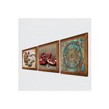 Pinecone Yaşam Çiçeği, Kelebekli Çiçek, Nar Taş Duvar Tablosu - Ahşap Çerçeveli Taş Tablo - 25x25 cm - 3 Parça Set - Dekoratif Duvar Sanatı - Modern Ev ve Ofis Duvar Dekoru W3-1093