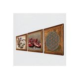 Pinecone Yaşam Çiçeği, Kelebekli Çiçek, Nar Taş Duvar Tablosu - Ahşap Çerçeveli Taş Tablo - 25x25 cm - 3 Parça Set - Dekoratif Duvar Sanatı - Modern Ev ve Ofis Duvar Dekoru W3-1123
