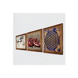 Pinecone Yaşam Çiçeği, Leonardo da Vinci At Heykeli, Nar Taş Duvar Tablosu - Ahşap Çerçeveli Taş Tablo - 25x25 cm - 3 Parça Set - Dekoratif Duvar Sanatı - Modern Ev ve Ofis Duvar Dekoru W3-1310
