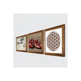 Pinecone Yaşam Çiçeği, Leonardo da Vinci At Heykeli, Nar Taş Duvar Tablosu - Ahşap Çerçeveli Taş Tablo - 25x25 cm - 3 Parça Set - Dekoratif Duvar Sanatı - Modern Ev ve Ofis Duvar Dekoru W3-1312