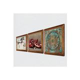 Pinecone Yaşam Çiçeği, Leonardo da Vinci At Heykeli, Nar Taş Duvar Tablosu - Ahşap Çerçeveli Taş Tablo - 25x25 cm - 3 Parça Set - Dekoratif Duvar Sanatı - Modern Ev ve Ofis Duvar Dekoru W3-1318