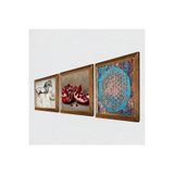 Pinecone Yaşam Çiçeği, Leonardo da Vinci At Heykeli, Nar Taş Duvar Tablosu - Ahşap Çerçeveli Taş Tablo - 25x25 cm - 3 Parça Set - Dekoratif Duvar Sanatı - Modern Ev ve Ofis Duvar Dekoru W3-1321